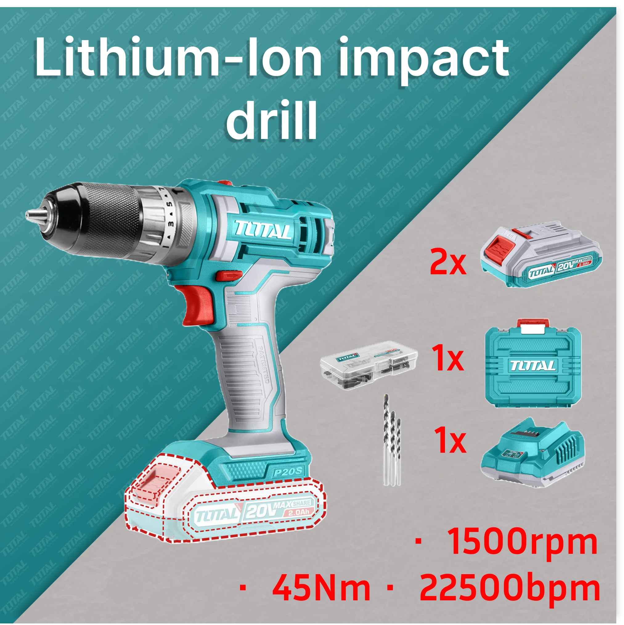 Akumulatorski udarni vrtalnik 20V/1500rpm/22500bpm/45Nm/P20S/ INDUSTRIAL (SET Baterija 2x2Ah, Polnilec, Kovček) (TIDLI201452E) TOTAL